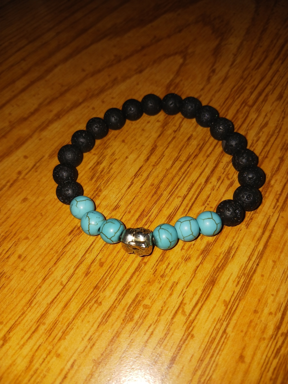 Black Lava and Turquoise Bead Stretch Bracelet with Silver Accent